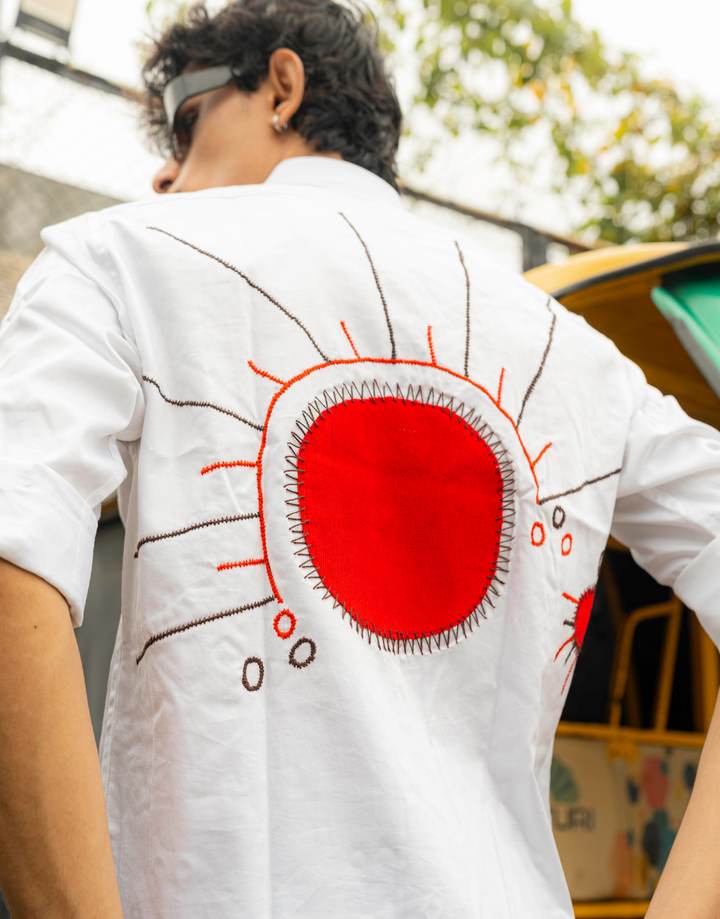 Red Sun Embroidery Oversized Shirt