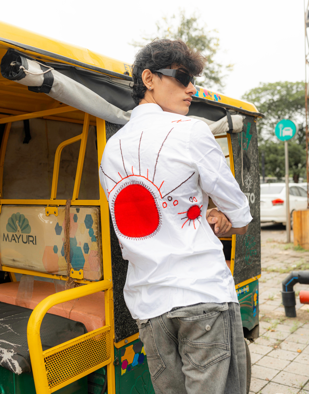 Red Sun Embroidery Oversized Shirt